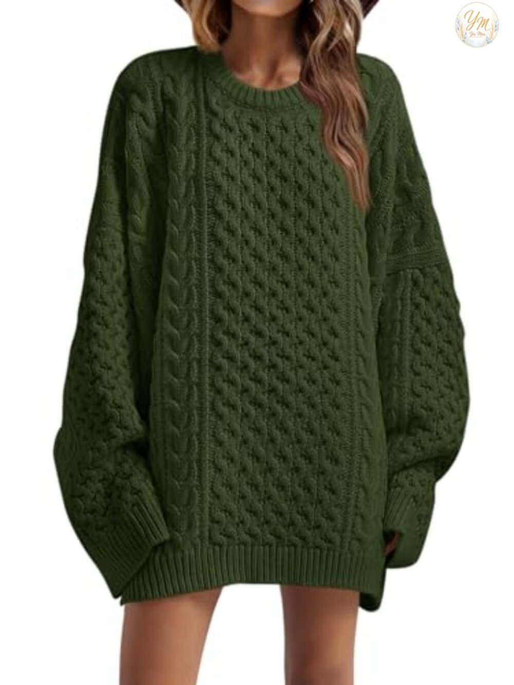 Oversized Chunky Cable Knit Tunic Sweater Long Sleeve Crewneck Pullover